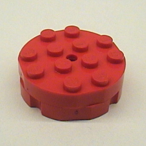 Red LEGO 3404ac02 Turntable 4 x 4, faceted with 10 studs on top and a center hole, on a white background.