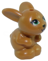 Brown LEGO Friends style bunny figure, sitting, with bright green eyes, black nose, and mouth.