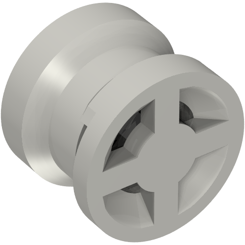 Light gray LEGO 34337 Wheel, 8mm D. x 6mm, showing the slotted side with a cross-shaped spoke pattern.