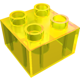 Transparent yellow LEGO Duplo 2x2 brick with four studs.
