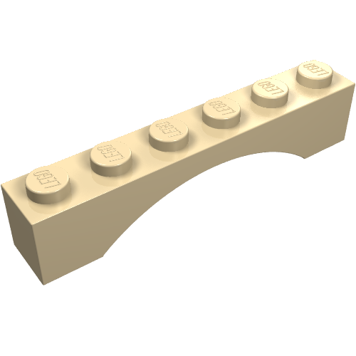 A single tan LEGO Arch 1x6 brick (part 3455) with six studs, featuring a smooth, curved underside.