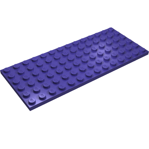 A 3D render of a single purple LEGO 6x14 plate shown at an angle, displaying its textured studs.