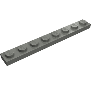 A single light grey LEGO 1x8 plate with 8 studs, viewed from a slight angle on a white background.