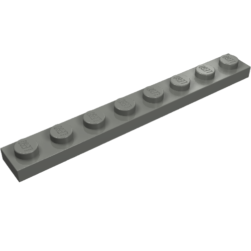 A single light grey LEGO 1x8 plate with 8 studs, viewed from a slight angle on a white background.