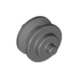 Dark gray LEGO 3464 Small Wheel Center with Stub Axles, also known as a pulley wheel, with a stepped design.
