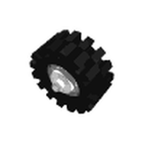 Black LEGO pulley wheel with studded tire and small silver hub, angled view on a white background.