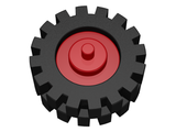 LEGO 3464c02 black gear wheel with red pulley wheel center and stub axles on a white background.