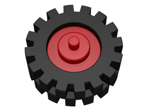 LEGO 3464c02 black gear wheel with red pulley wheel center and stub axles on a white background.