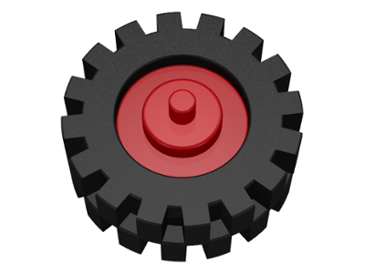 LEGO 3464c02 black gear wheel with red pulley wheel center and stub axles on a white background.