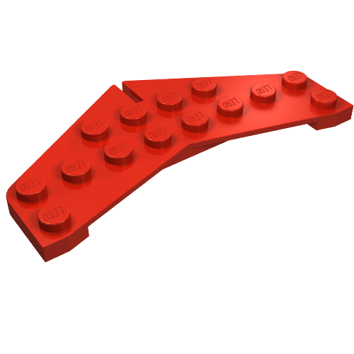 Red LEGO 3474 Wedge, Plate 4 x 8 Tail, showing the top surface with 16 visible studs.