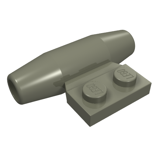 A single gray LEGO smooth small engine part attached to a 1x2 side plate with two studs and axle holders.