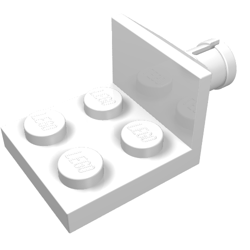 A white LEGO Plate, Modified 2 x 2 with Helicopter Tail Rotor Holder, featuring four studs with LEGO logos and a side connector.