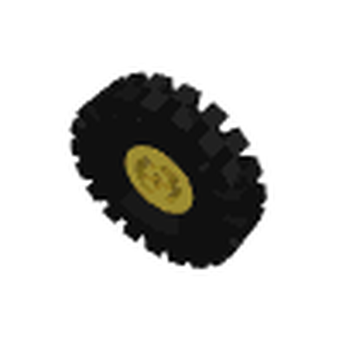 LEGO 3482c02 wheel with black tire 30 x 10.5 offset tread and split axle hole, gold hub.