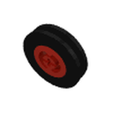 LEGO 3482c03 wheel with a red hub and black tire, viewed from an angle on a white background.