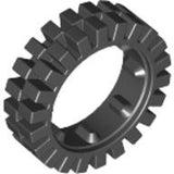 Dark gray LEGO Tire 24mm D. x 8mm, with an offset tread pattern and interior ridges, shown on a white background.