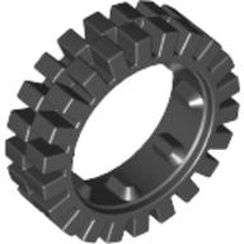 Dark gray LEGO Tire 24mm D. x 8mm, with an offset tread pattern and interior ridges, shown on a white background.