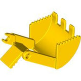 Yellow LEGO crane bucket jaw, composed of a scoop with teeth and an articulated claw mechanism.