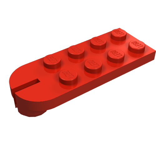 Red LEGO Plate Modified 2x5 with Tow Ball Socket, part 3491, showing studs on top and rounded end.