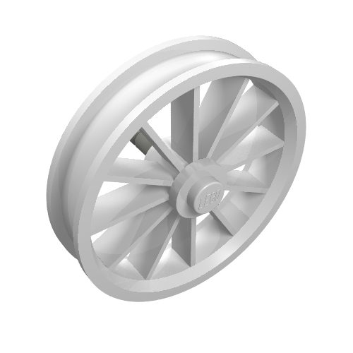 White LEGO Wheel Spoked Large 35, featuring a grooved rim and detailed spokes radiating from the hub.