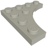 Light gray LEGO 35044 plate, 4x4 with 3x3 curved cutout, angled view.