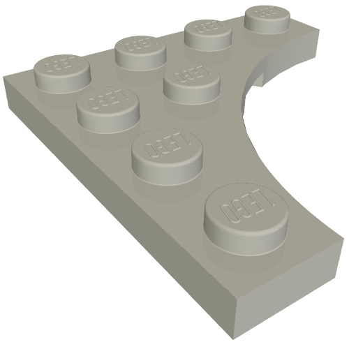 Light gray LEGO 35044 plate, 4x4 with 3x3 curved cutout, angled view.