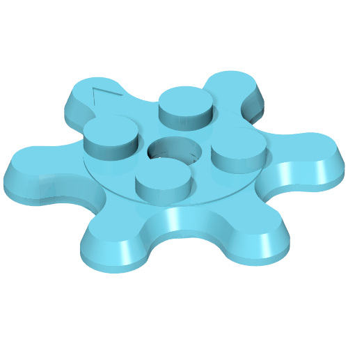Aqua LEGO 35442 Plate, Round 2 x 2 Gear 6 Tooth. Features six teeth, five studs, and a central axle hole.