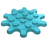 Teal blue LEGO 35443 Plate, Round 4x4 Gear 10 Tooth, showing its top with twelve studs and ten gear teeth.