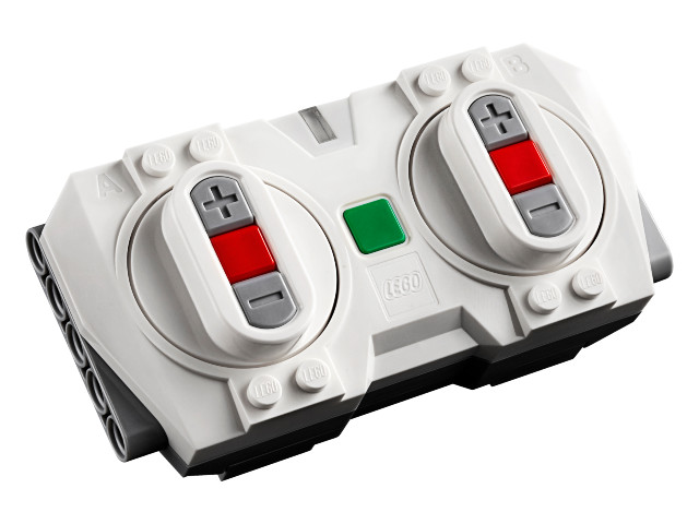 LEGO Electric Powered Up Bluetooth Speed Remote Control Unit, light gray with two red/gray controllers and a green button.