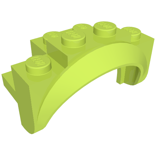 Lime green LEGO part 35789, a 4x2 1/2x2 vehicle mudguard with a rounded arch, solid studs, and rounded legs.