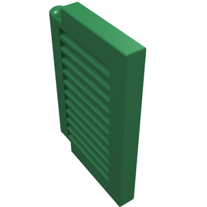Dark green LEGO 3582 shutter for window 1 x 2 x 2, featuring horizontal slats and a hinge, viewed at an angle.