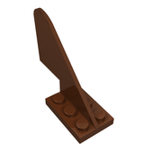 Brown LEGO 3587 tail brick with a rounded top, attached to a 1x3 plate, viewed from an angle.