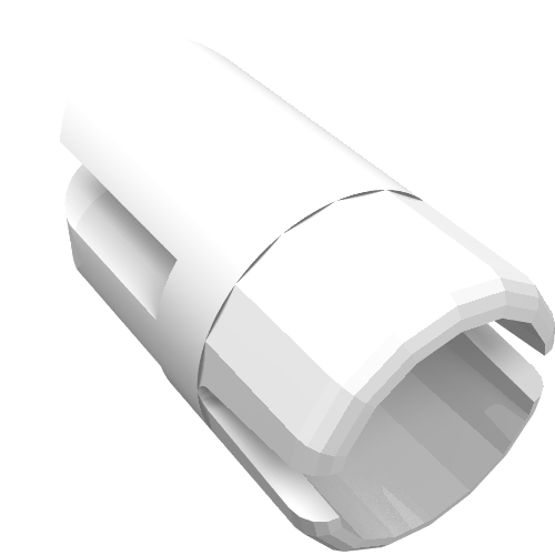 A white LEGO Technic 3613 arm piece with a tow ball socket end and three fingers.