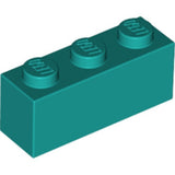 A single dark turquoise LEGO 1x3 brick (part 3622) with three studs on top, angled view on a white background.
