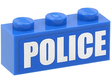 A blue LEGO 1x3 brick, part 3622pb040, with a white 'POLICE' sticker in bold font.