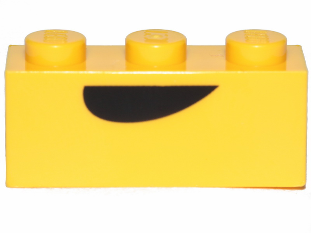 Yellow LEGO 1x3 brick (3622pb102) with three studs and a black curved semicircle (Banarnar mouth) pattern on the front.
