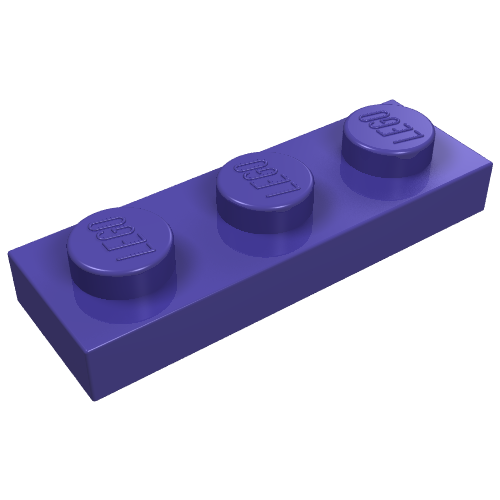 Purple LEGO 3623 Plate 1 x 3 with three studs, each embossed with the LEGO logo.