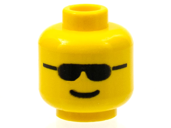 Yellow LEGO minifigure head with black sunglasses and a standard grin pattern on a white background.
