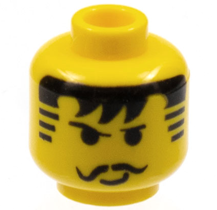 Yellow LEGO minifigure head with black thin eyebrows, curled moustache, hair with bangs, and striped sideburns.