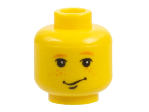 Yellow LEGO minifigure head with male smirk expression, black eyes, earth orange eyebrows and freckles.