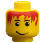 Yellow LEGO minifigure head with black eyebrows, messy red hair print, and a lopsided grin with dimples.