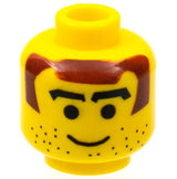 Yellow LEGO minifigure head with black thick eyebrows, dark red hair and sideburns, beard stubble, and a grin.