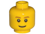 Yellow LEGO minifigure head with brown eyebrows, thin grin, and black eyes with white pupils pattern.
