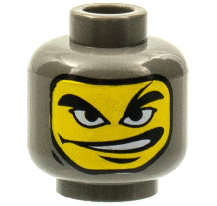 Dark grey LEGO minifigure head with yellow face, thick black eyebrows, and a wide, open-mouthed, toothy smile.