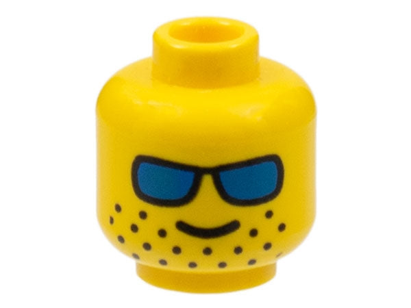 Yellow LEGO minifigure head with blue sunglasses and wide-spaced black stubble.