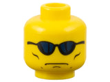 LEGO minifigure head, yellow, with blue sunglasses, grim face and cheek lines pattern.