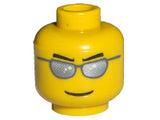 Yellow LEGO minifigure head with black eyebrows, dark bluish gray sunglasses with silver lenses, and a grin.