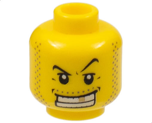 Yellow LEGO male minifigure head with angry black eyebrows, stubble sideburns, a wide open smile with teeth, and a gold tooth.