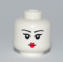 White LEGO minifigure head with black eyebrows, black pupils, and small red lips. Female pattern, slightly raised eyebrows.
