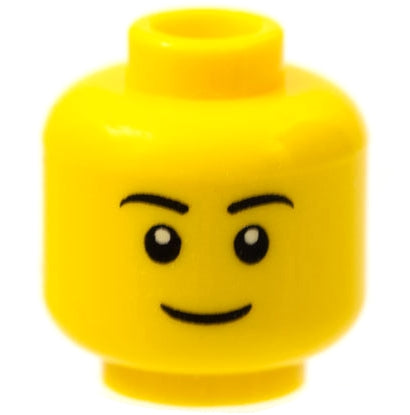 Yellow LEGO 3626pb0628 minifigure head with black eyebrows, black eyes with white pupils, and a thin grin.
