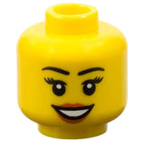 LEGO female minifigure head with black eyebrows, eyelashes, dark orange lips, and an open mouth smile showing teeth.